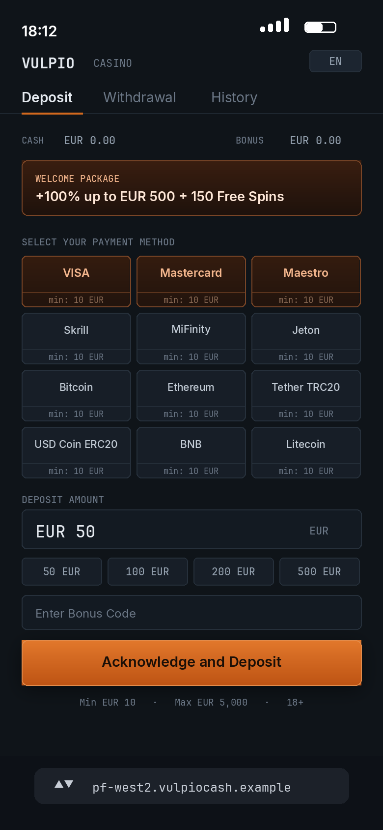 The same cashier reached through the affiliate funnel minutes later: card payment offered alongside the other methods.