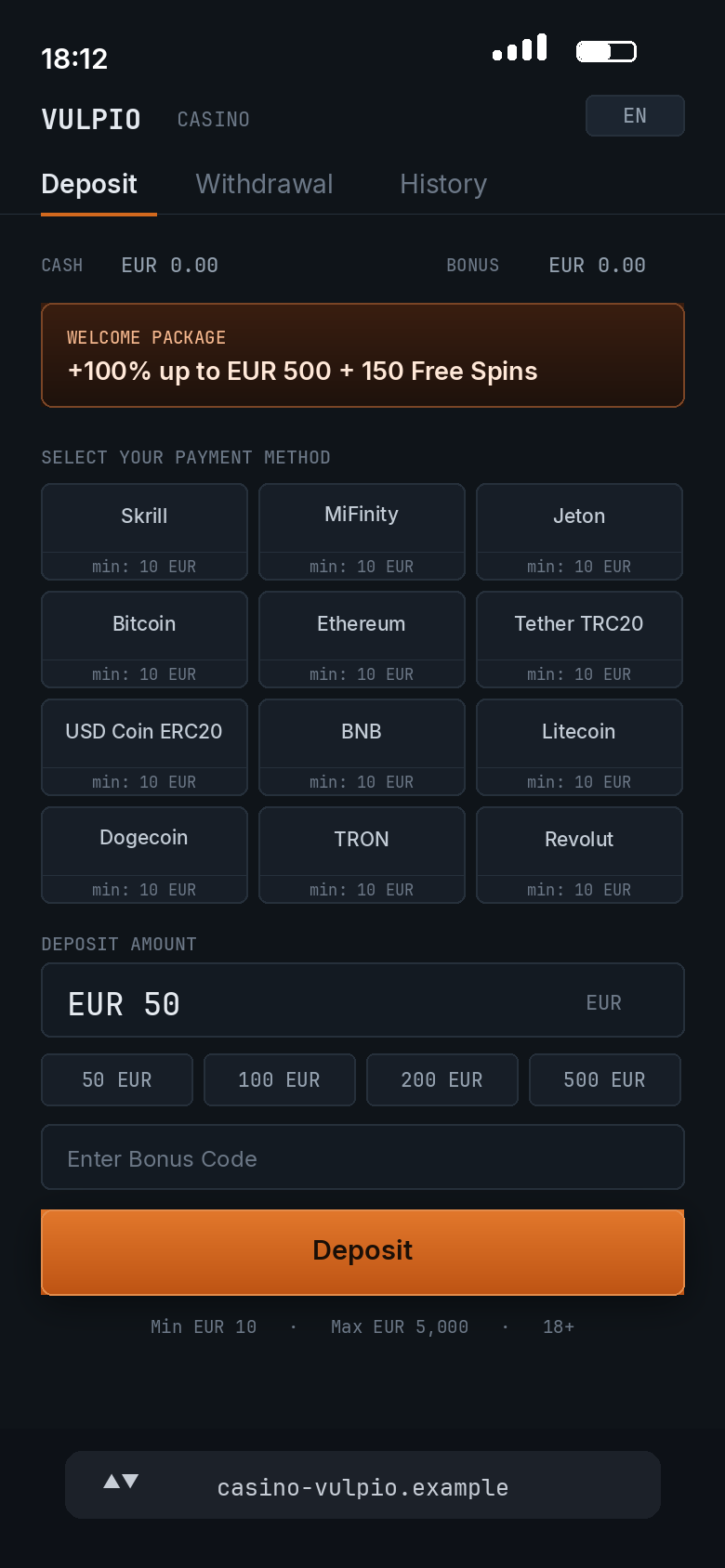 Cashier reached from organic search: crypto and alternative payment methods only, no card option.