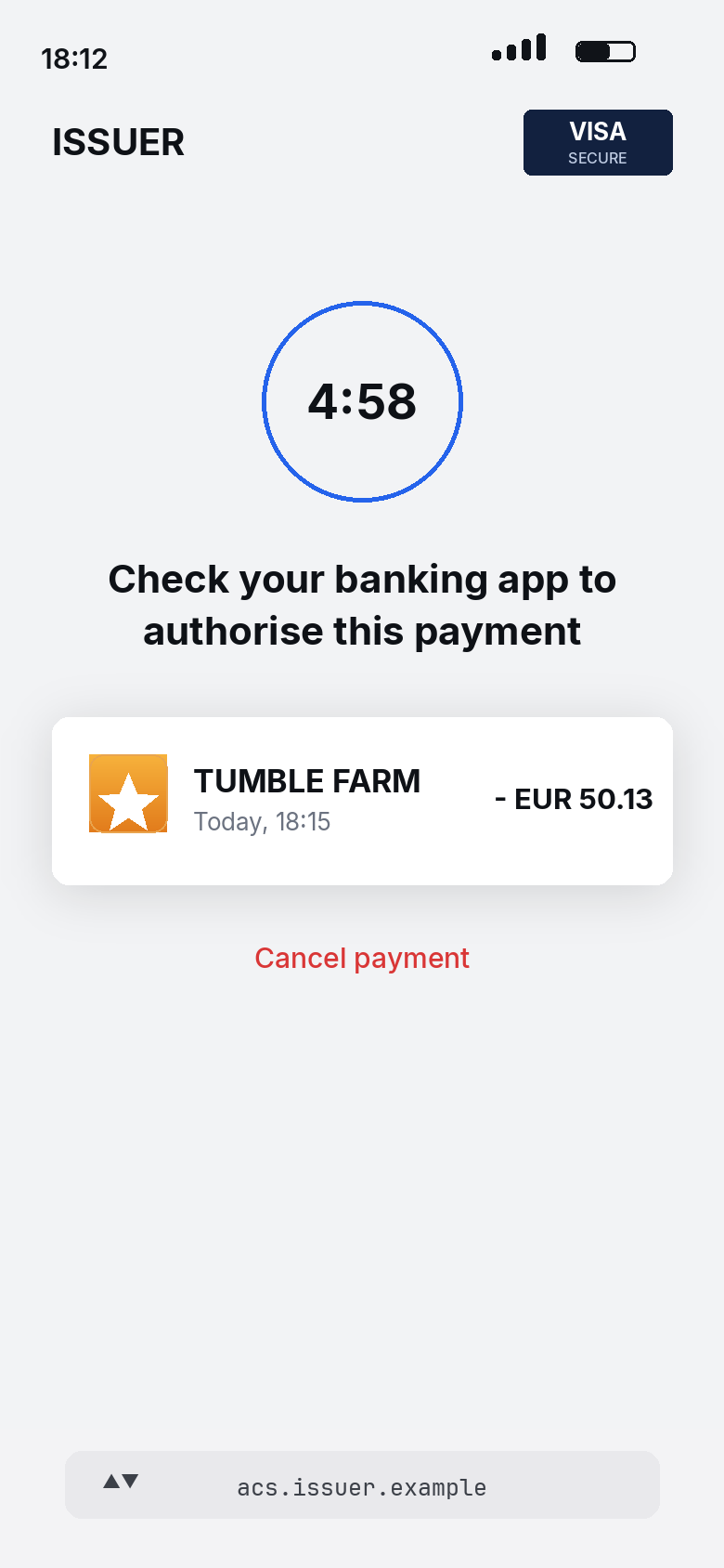 Bank 3-D Secure authorisation prompt showing the merchant descriptor string and the amount for a EUR 20 deposit.